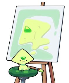 a cartoon character sitting on a stool in front of an easel with a painting