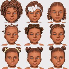 an image of different types of children's hair for the face and head in various poses