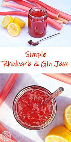 a jar filled with rhubarb and gin jam next to sliced lemons