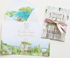 wedding stationery and envelopes with watercolor paintings on them, including an open door