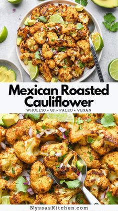 mexican roasted cauliflower with avocado and cilantro on the side