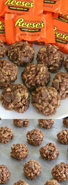 chocolate cookies and candy bars on a baking sheet with orange bags in the back ground