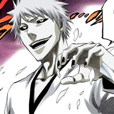 an anime character with white hair and black eyes pointing his finger at the camera while wearing a tie