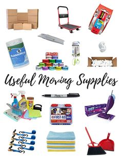 the words useful moving supplies surrounded by various items