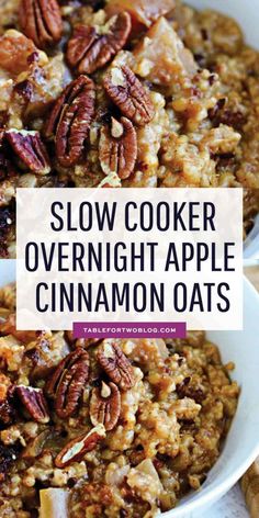 slow cooker overnight apple cinnamon oats in a white bowl with text overlay