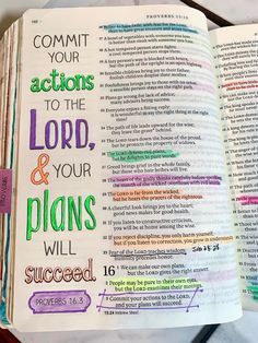 an open bible with the words commit your actions to the lord and your plans will proceed