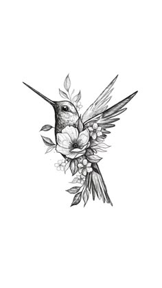 a drawing of a hummingbird with flowers