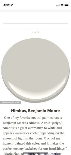 a page with an image of a white plate and the words nimbus, benjamin moore on it