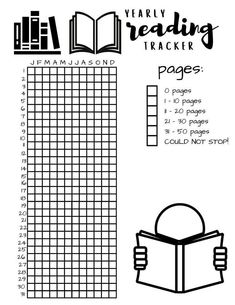 a printable bookmark with the words, year reading tracker and an open book