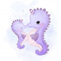 two purple seahorses are touching each other's noses with their tails, on a blue background