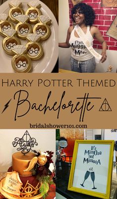 harry potter themed bachelor party with cake, cookies and desserts on the table for guests to eat