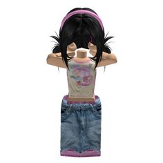 an animated girl with black hair and blue shorts