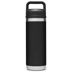 the yeti stainless steel water bottle is black and has an insulated plastic lid