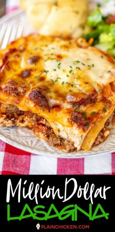 a close up of a plate of lasagna with broccoli