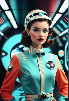 a woman in a blue suit and helmet standing next to a sci - fi background