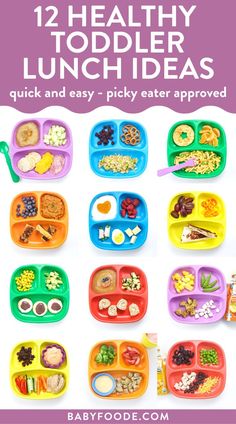 12 toddler plates with a variety of proteins, fruits, snacks and veggies One Year Old Lunches For Daycare, Lunch Ideas For 13 Month Old, Infant Daycare Lunch Ideas, Lunch Ideas For Infants, Lunch Ideas For 18month Old, Lunch For 18month Old, Easy Lunch Ideas Toddler, Easy Healthy Toddler Lunches, Toddlers Food Ideas