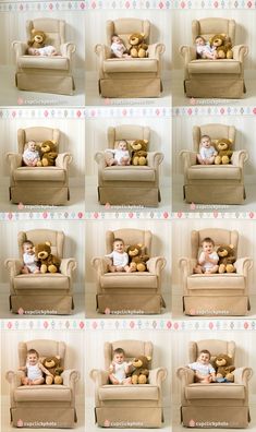 there are many pictures of a baby sitting in a chair with teddy bears on it