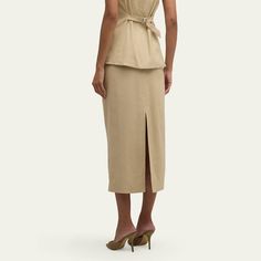 Veronica Beard "Kimpton" linen-blend midi skirt Mid-rise; sits high on the hip Pencil style Center back vent Back zip  Linen/viscose/elastane Lining: Polyester Dry clean Imported Elegant Summer Pencil Skirt For Business Casual, Business Casual Pencil Skirt For Summer, Business Casual Summer Pencil Skirt, Summer Business Casual Pencil Skirt, Summer Workwear Pencil Skirt, Long Pencil Skirt For Summer Workwear, Modern Asymmetrical Pencil Skirt For Workwear, Classic Summer Workwear Pencil Skirt, Modern Asymmetrical Pencil Skirt For Work