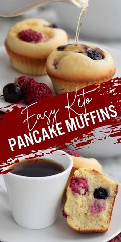 a pancake muffins with berries and blueberries is being drizzled with syrup