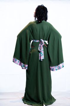 Green Spring Kimono For Loungewear, Green Kimono For Spring Loungewear, Green Spring Loungewear Kimono, Green Traditional Kaftan With Kimono Sleeves, Traditional Green Kaftan With Kimono Sleeves, Green Long Bohemian Kimono, Long Green Cotton Kaftan, Green Wrap Robe For Spring, Green Summer Robe With Kimono Sleeves