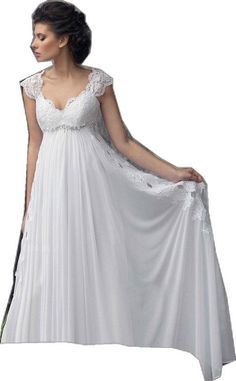 Flowy Chiffon Dresses With Empire Waist, Short Sleeve Chiffon Dress For Wedding, Fitted Chiffon Dress With Short Sleeves, White Chiffon Dress With Lace Sleeves, White Fitted Chiffon Dress With Short Sleeves, Summer Chiffon Dresses With Lace Sleeves, Dress With Pleats, Dreamy Wedding, French Lace