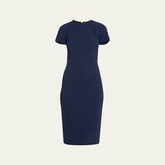 Victoria Beckham t-shirt fitted dress Round neckline Short sleeves Sheath silhouette Midi length Two-way back zip Triacetate/polyester Dry clean Made in Portugal Bodycon Midi Dress With Short Sleeves And Flattering Silhouette, Short Sleeve Dresses With Structured Shoulders For Work, Bodycon Dress With Structured Shoulders For Work, Bodycon Midi Dress With Back Zipper For Work, Fitted Midi Dress, Indigo Colour, Victoria Dress, Victoria Beckham, Fitted Dress