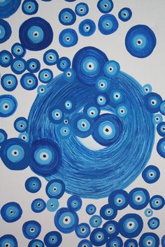 an abstract painting with blue circles and white background