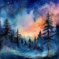 watercolor painting with trees and stars in the sky