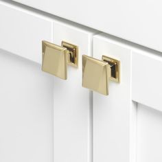 two gold handles on white cabinet doors