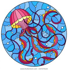 a colorful jellyfish in the water on a blue background