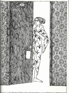 a drawing of a woman standing in front of an open door with her arms crossed