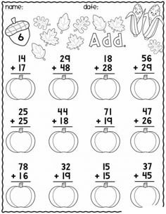 the worksheet for addition and subtraction with apples, leaves and acorns