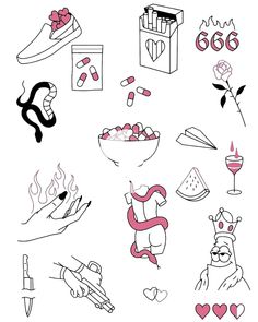 various hand drawn items and symbols on a white background with pink ink in the shape of hearts