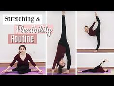 a woman doing yoga poses with her hands in the air and one leg up, while another