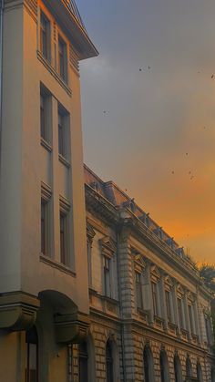 an old building with birds flying around it