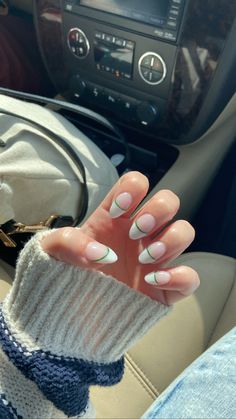 Green Acrylic Nails Almond Shape, White French With Color Line, Green And White French Nails, Two Tone Green French Tip Nails, White French Tip With Green Line, French Nails With Line Under, White French Tip Nails With Green Design, French Tip With Underline, White French Tip With Color Line