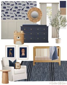 a baby's nursery room with blue and white decor, including a crib