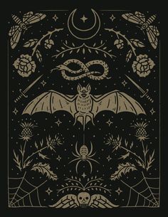 an image of a bat with wings and flowers on the back, surrounded by other things