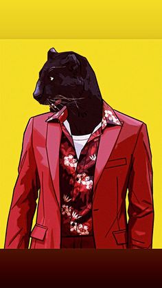 a black cat wearing a red suit and floral shirt is standing in front of a yellow background