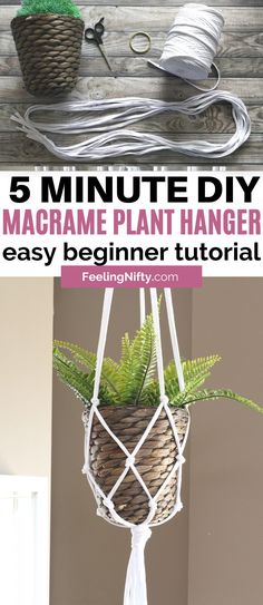 a macrame plant hanger is hanging on the wall with text overlay