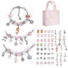 This DIY craft set is made of high quality alloys and colored crystals, which are not easy to fade and durable. This set contains many different kinds and colors of beads, pendants and three adjustable chains, which can meet your different needs, not only suitable for experienced people, but also very simple for beginners. Exquisite gift box packaging is the perfect gift for children and friends, you can match different bracelets every day according to your favorite and clothes. Size: one size. Multicolor Alloy Jewelry For Gifts, Multicolor Alloy Jewelry As Gift, Pink Crystal Charm Bracelet Gift, Handmade Alloy Bracelets Perfect As Gifts, Handmade Alloy Bracelets As Gift, Pink Metal Charm Bracelet For Gift, Pink Beaded Jewelry Birthday Gift, Pink Metal Charm Bracelet As A Gift, Pink Metal Charm Bracelet With Removable Charms