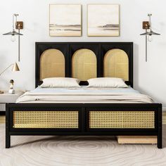 a bed with wicker headboard and foot board in a white room next to two pictures on the wall