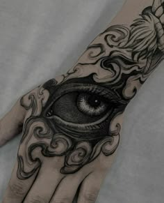 a hand with an all seeing eye tattoo on it