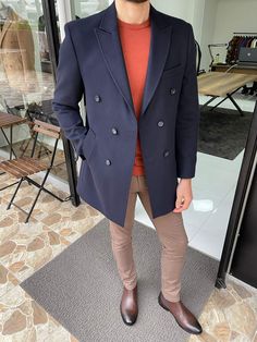 Blue Wool Coat, Blue Winter Coat, Orange Suit, Double Breasted Waistcoat, Slim Fit Coat, Orange Blazer, Blue Winter, Night Suit, Camel Coat