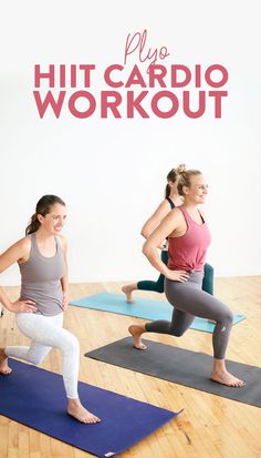 three women are doing yoga in front of a sign that says hiit cardio workout