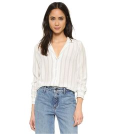 How to Make Your Standard Button-Down Look High-End | Who What Wear Earthy Chic, White Silk Top, White Long Sleeve Blouse, India Fashion, Mixing Fabrics, Chic Boutique, Striped Blouse, How To Make Your, Who What Wear