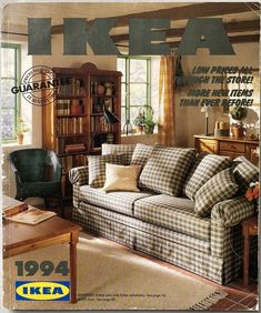 an advertisement for ikea furniture in a living room with couches, chairs and bookshelves