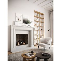 a living room filled with furniture and a fire place in front of a book shelf