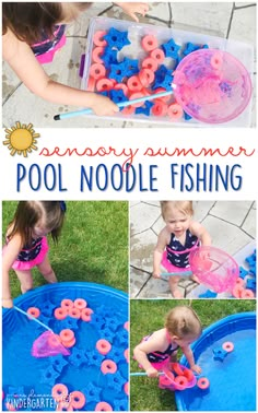 a collage of photos showing how to make an animal pool noodle fishing