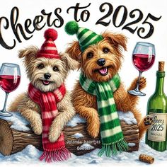 two dogs wearing hats and scarfs are sitting on a log with wine in front of them